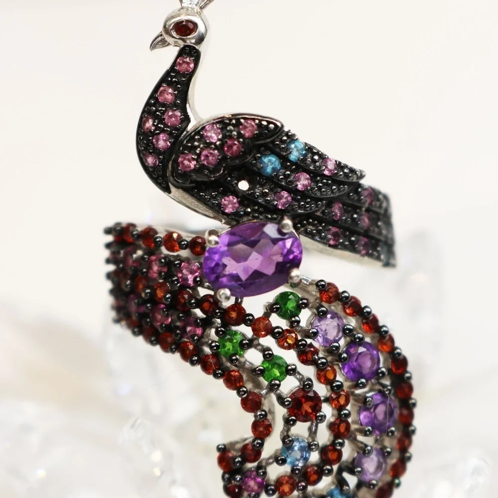 Sterling Silver Peacock Statement Ring Amethyst & Multi Gemstones in Sz 7 💚🦚🩵💍💜